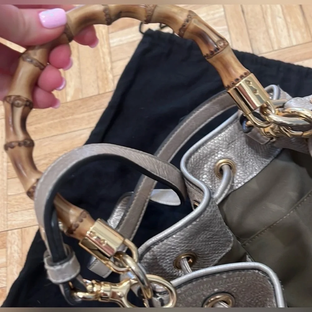 Gold Milly Bamboo Handle Drawstring Purse Handbag